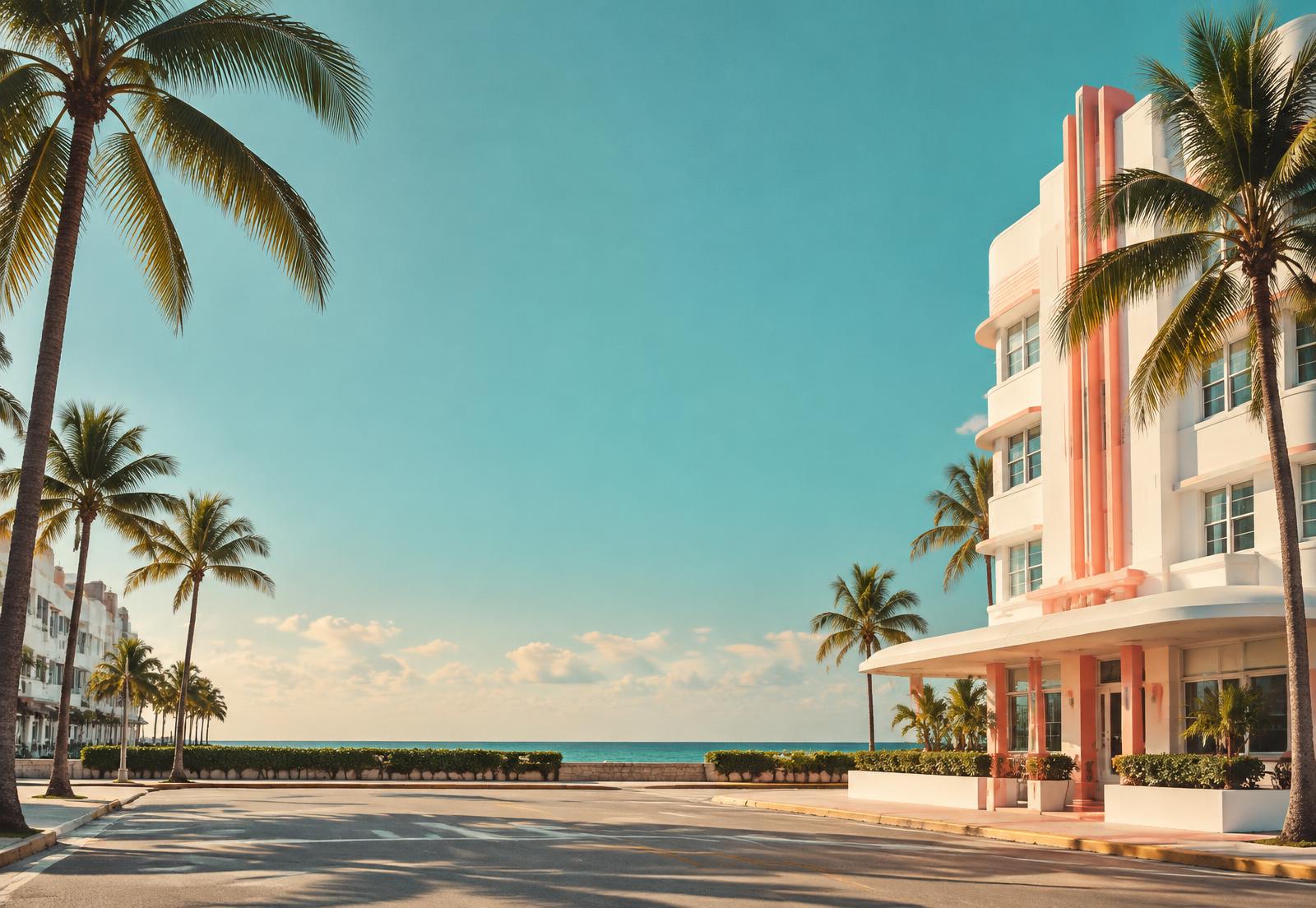 Sunlit Miami beachfront architecture and palms